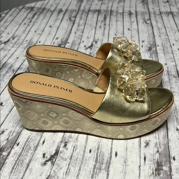 Donald J. Pliner Gold Wedge Slides with gem Embellishment - Picture 3 of 5